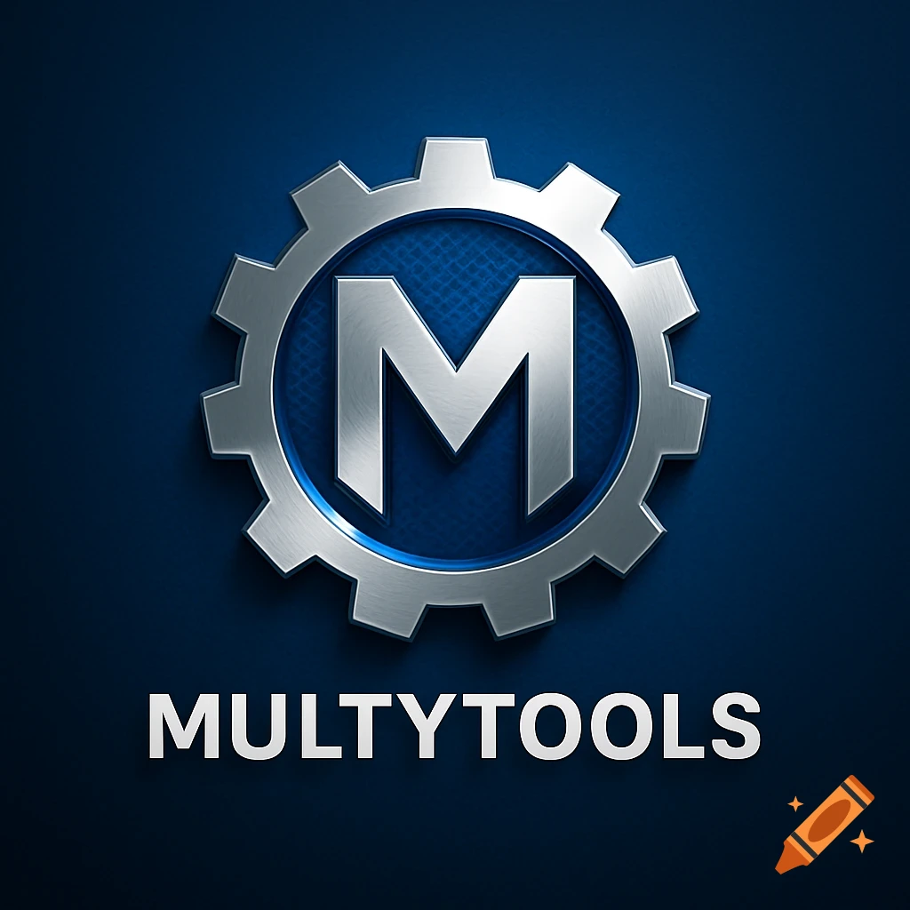 A metallic silver gear logo with a blue circular center containing a large silver letter M, and the word "MULTYTOOLS" below it on a dark blue textured background.