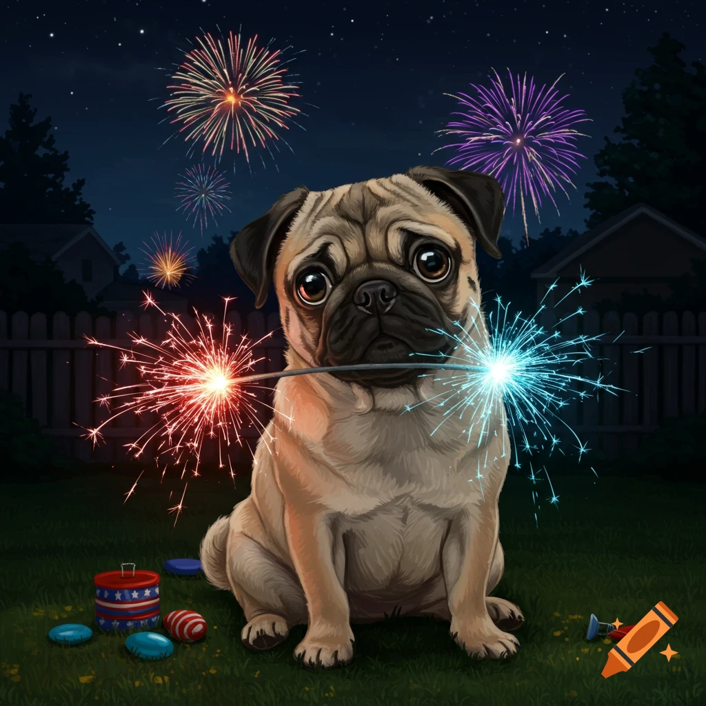 Cute illustration of a pug sitting in a yard at night, holding two glowing sparklers as fireworks light up the sky.