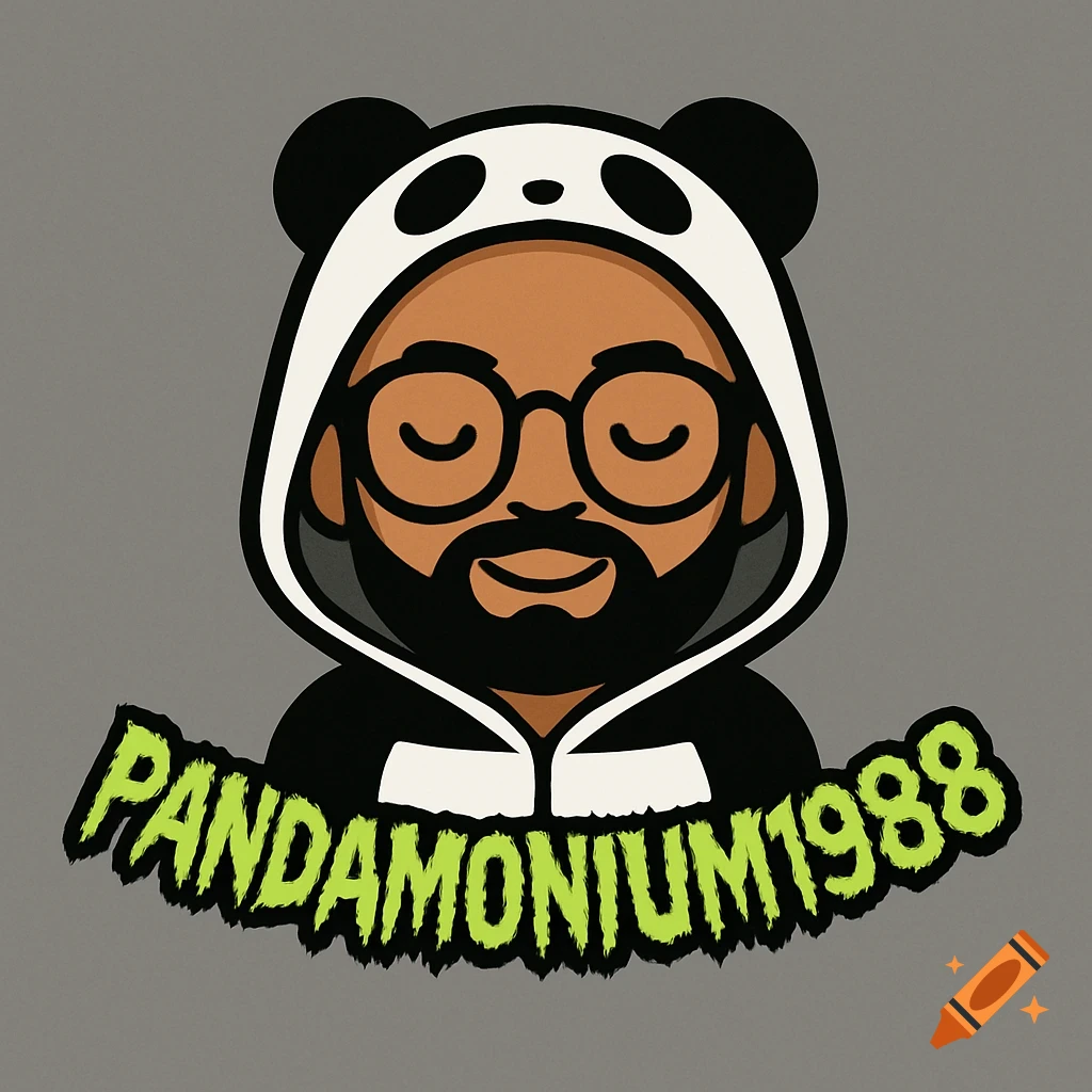 Modern minimalist emblem logo of a man in a panda hoodie with a beard and glasses, and neon green text 'PANDAMONIUM1988'.