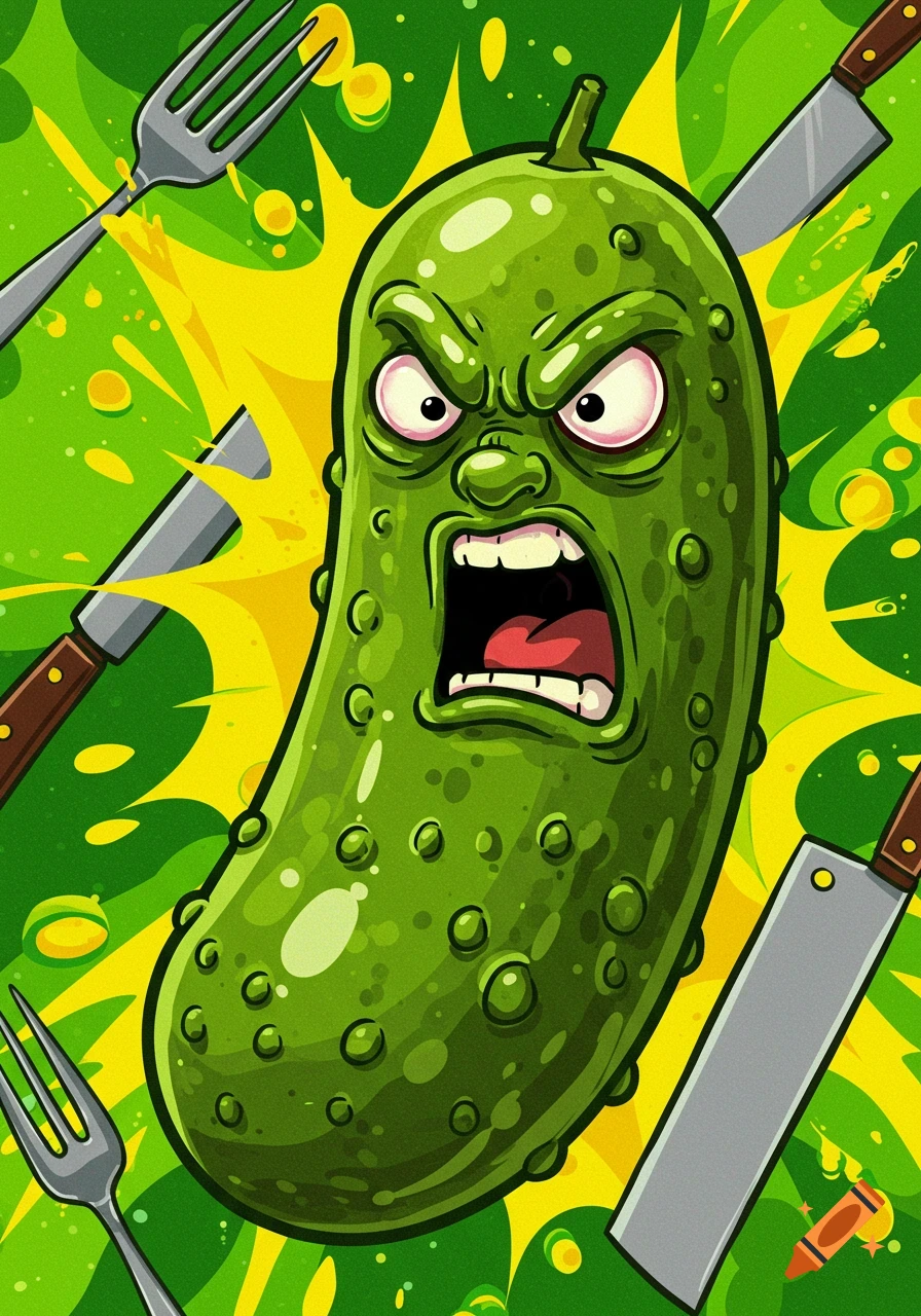 A cartoon pickle with an angry expression, mouth wide open, surrounded by forks and knives on a vibrant green and yellow background.