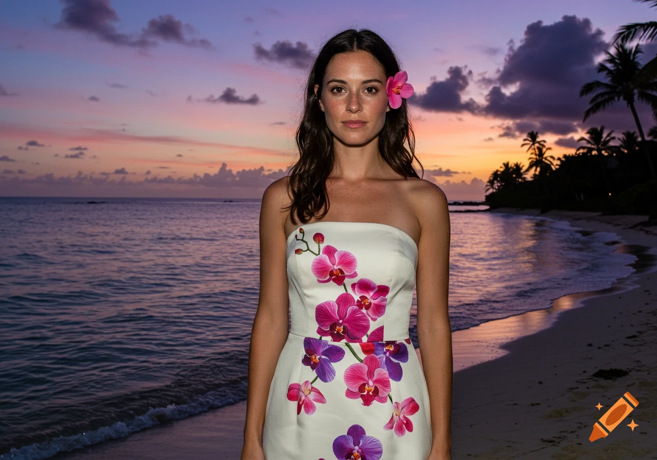 A woman in a strapless white dress with pink and purple orchids stands on a beach at sunset.