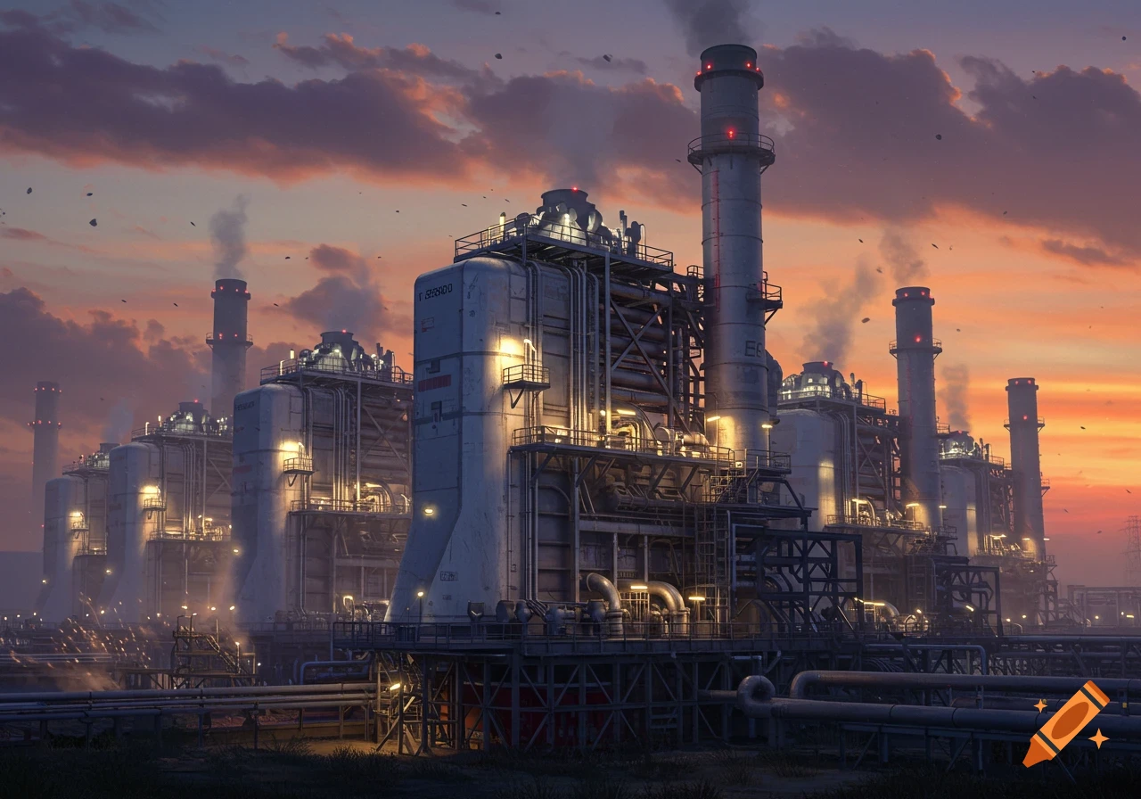 Photorealistic image of an industrial power plant complex with multiple smokestacks at sunset, emitting steam.
