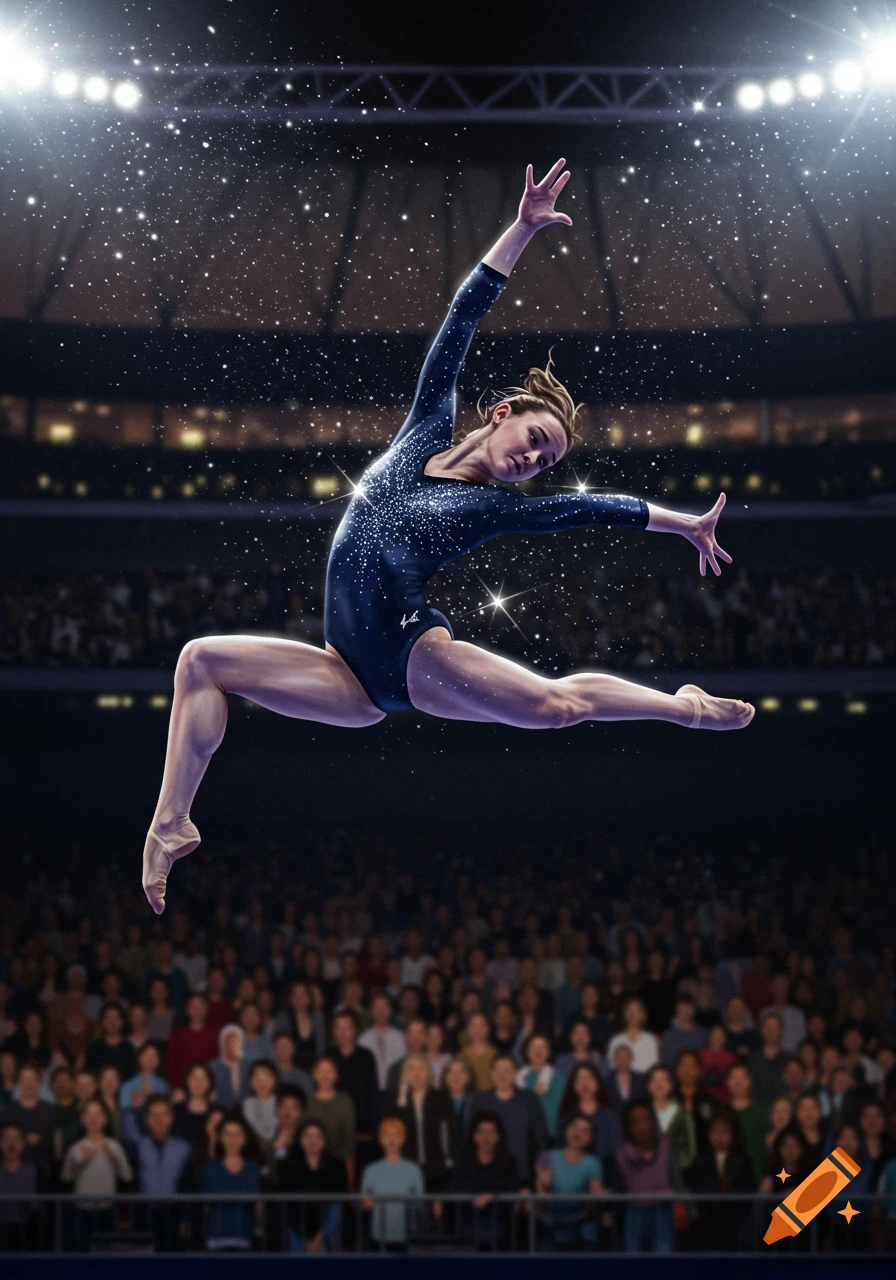 A female gymnast in a sparkling leotard leaps gracefully in a spotlight above a cheering crowd in a dark stadium.