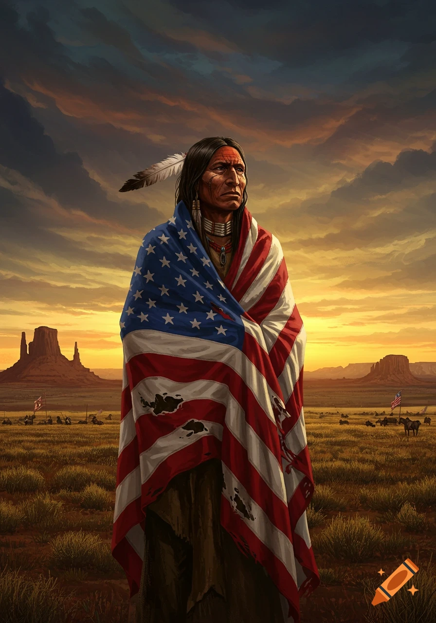 A solemn Native American man wrapped in a torn American flag stands in a desert landscape at sunset, digital painting.