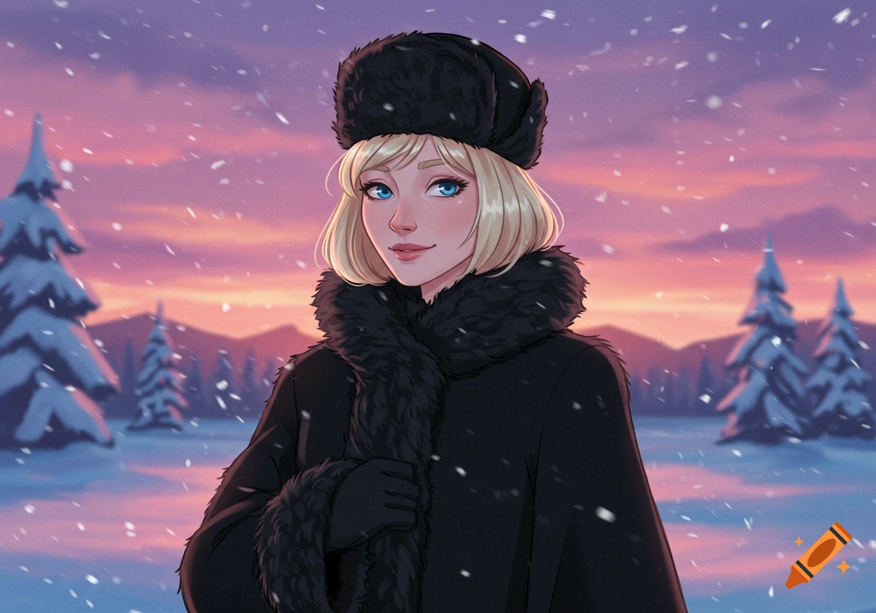 A blonde woman in a black fur coat and Ushanka hat stands in a snowy winter landscape at sunset, in a 2D animation style.