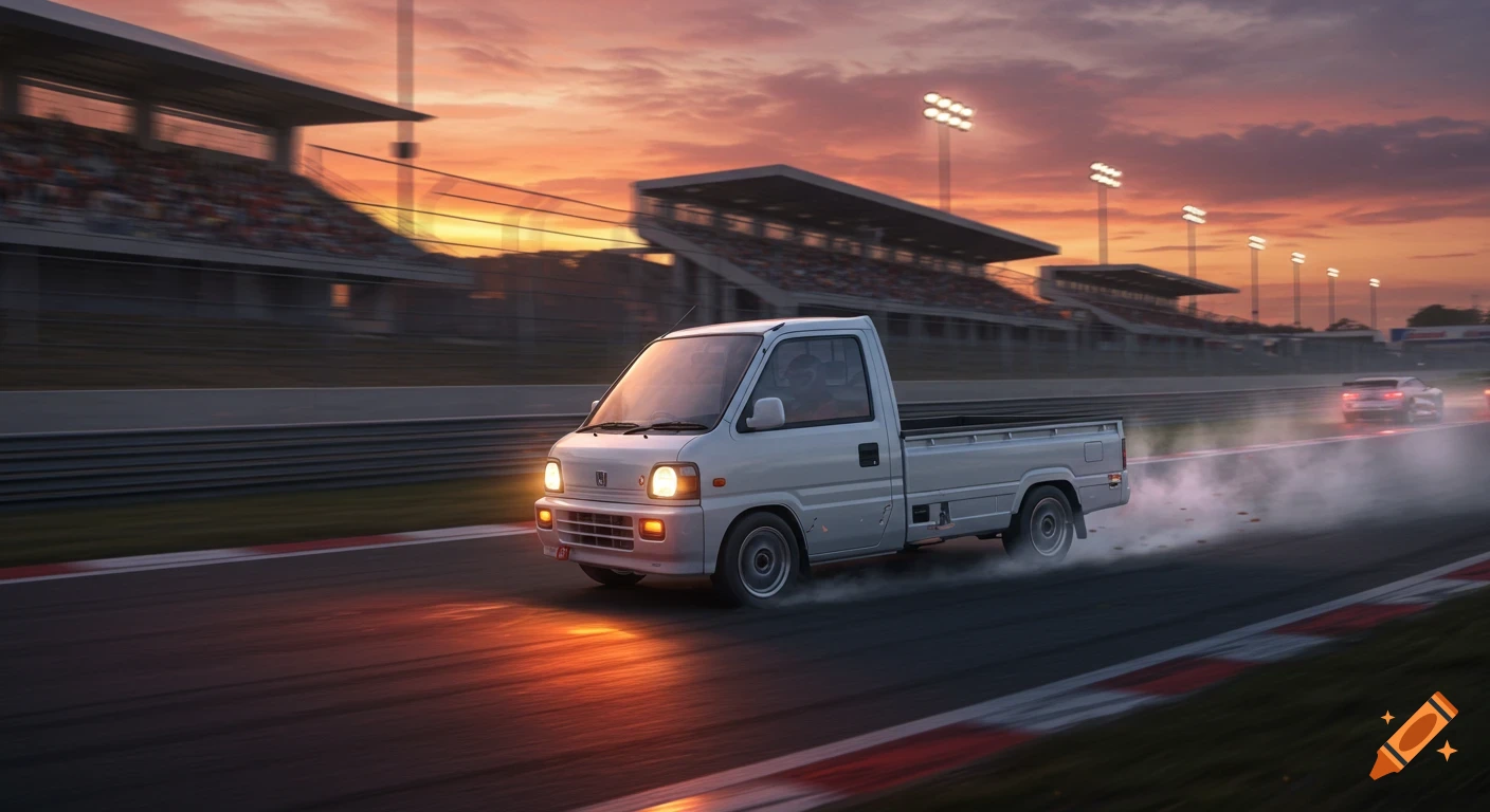 A white Honda Acty pickup truck speeds down a race track at sunset, with grandstands in the background.