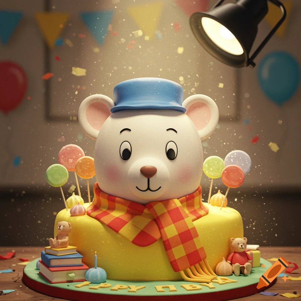 A cute cartoon bear head birthday cake wearing a blue hat and plaid scarf, decorated with lollipops, small teddy bears, and a candle, with confetti falling around it.