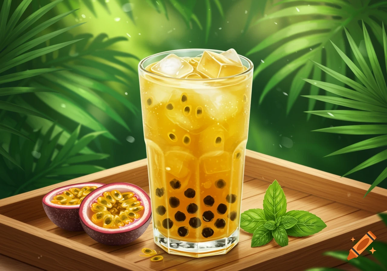 Refreshing passionfruit green tea with tapioca pearls and ice, served with sliced passionfruit and mint on a wooden tray with a leafy background.