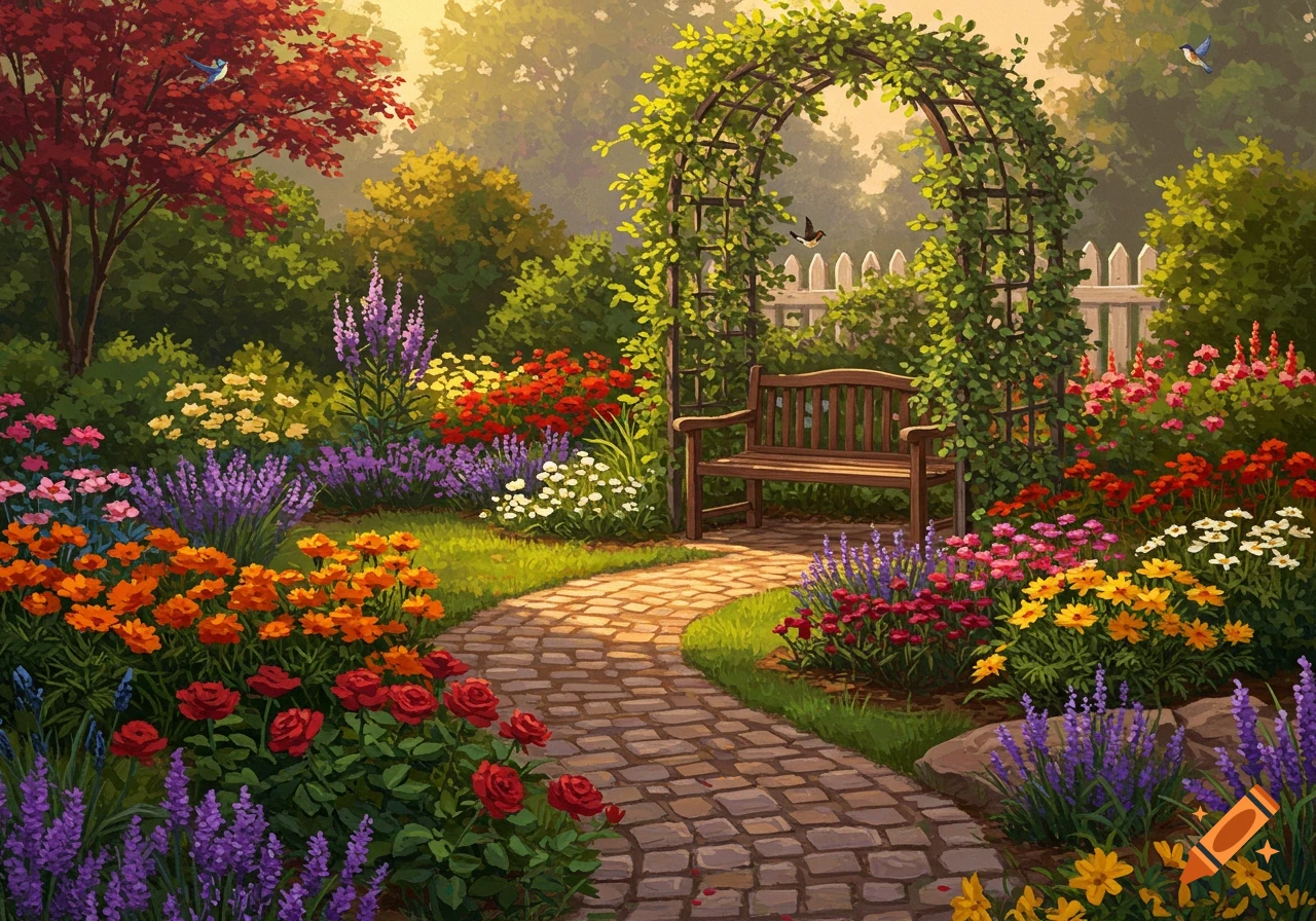 A vibrant illustration of a winding brick path through a colorful garden with blooming flowers, a wooden bench, and an archway.