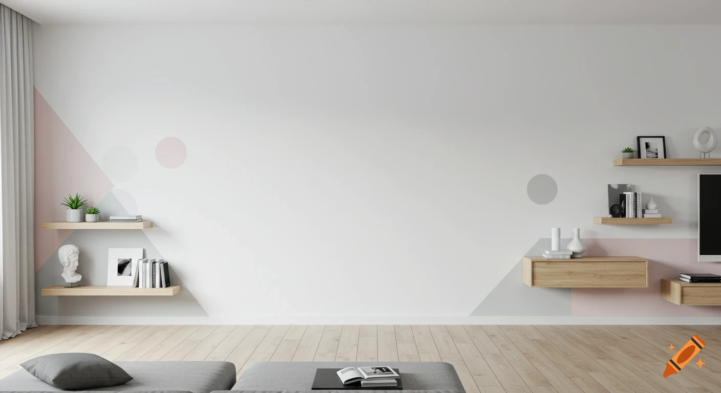 A minimalistic modern living room with a white wall featuring geometric patterns and shelves with decor, a grey sofa in the foreground.