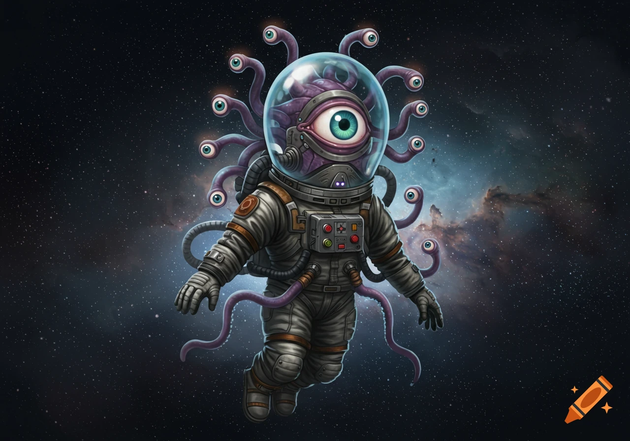 A fantasy creature resembling a beholder, with a large central eye and multiple smaller eyes on tentacles, wears a spacesuit and floats in deep space.