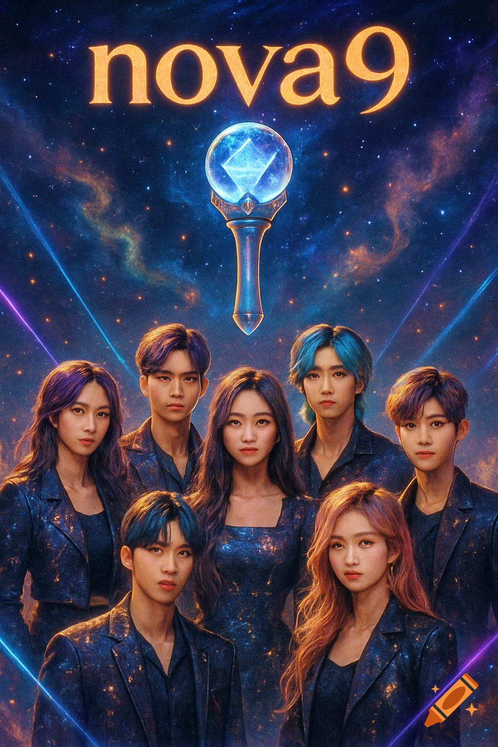 A K-pop group called 'nova9' standing with a lightstick against a starry galaxy background. The members wear dark, sparkly outfits.