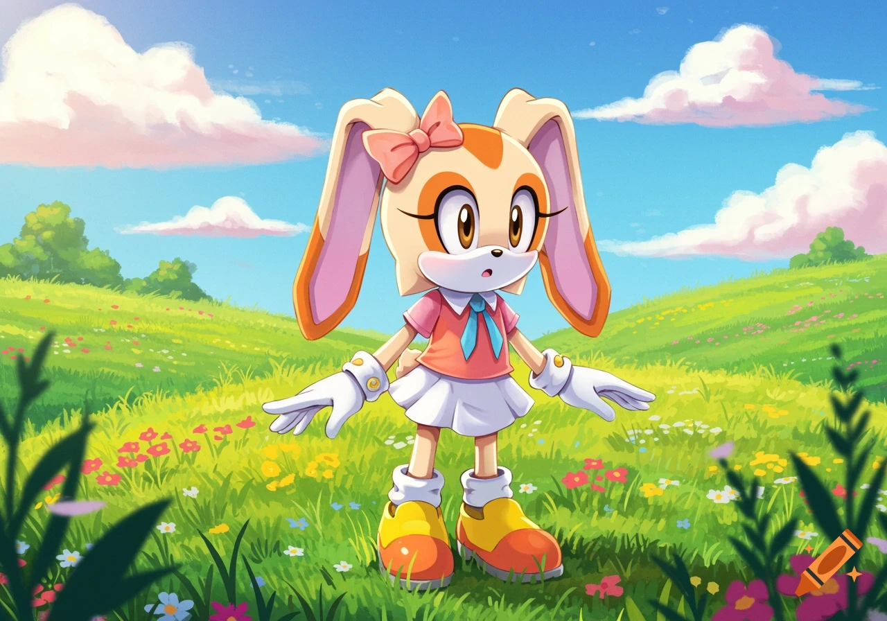 Cream the Rabbit from Sonic, wearing a pink shirt and white skirt, stands in a sunny green field with flowers.