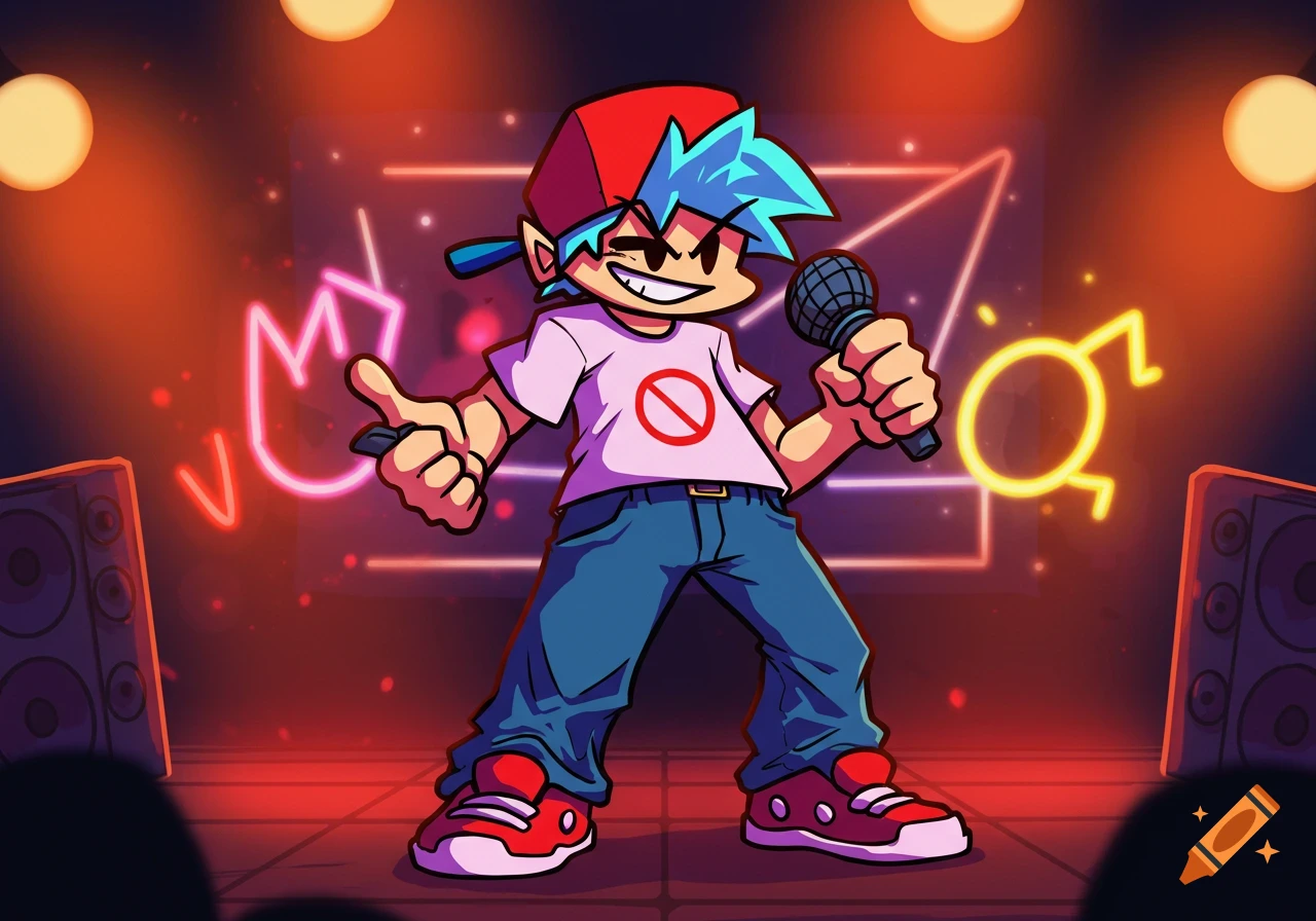 Boyfriend from Friday Night Funkin' performing on a stage with a microphone under neon lights.