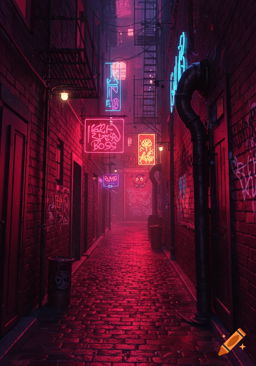 A dark, brick alleyway at night illuminated by bright red and blue neon signs and graffiti, with a wet, reflective cobblestone ground.