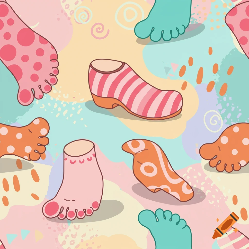 A colorful, cartoon-style seamless pattern featuring whimsical feet in various colors and one striped shoe on a pastel abstract background.