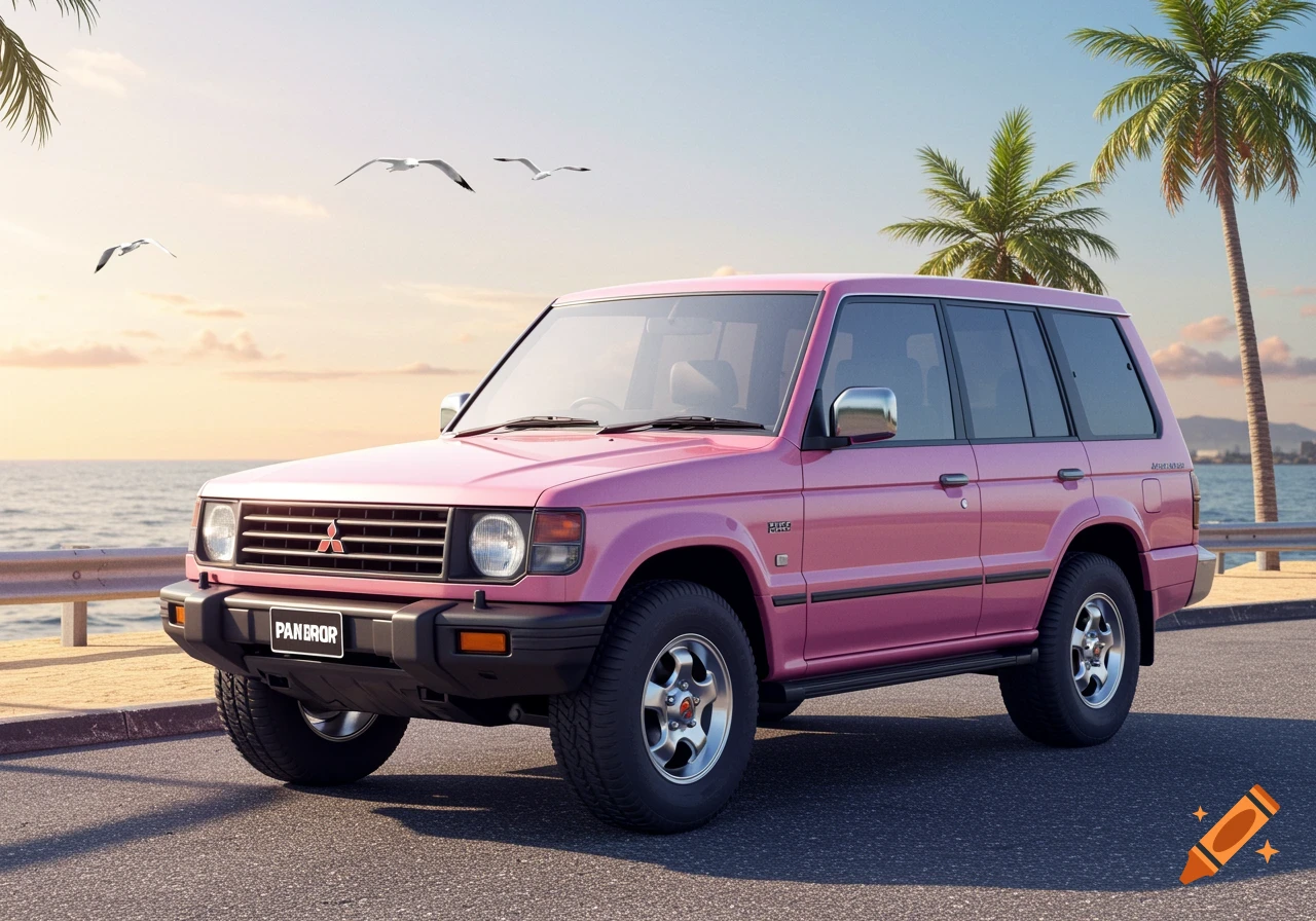 A pink 1989 Mitsubishi Pajero SUV parked on asphalt next to a beach with the ocean and palm trees in the background during sunset.