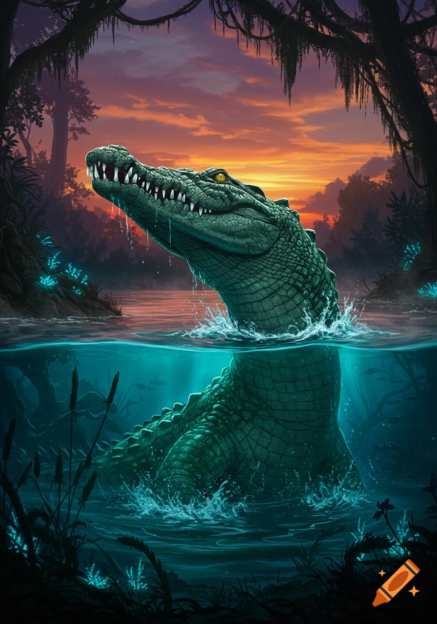 A large green crocodile emerges from swamp water, its head raised against a vibrant orange sunset sky, surrounded by glowing blue plants.