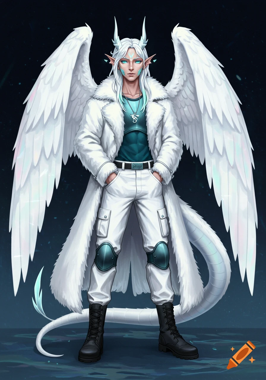 Full-body anime-style illustration of a white-haired dragonic human with white wings, horns, and a tail, wearing a white fur coat, white cargo pants, and black boots.
