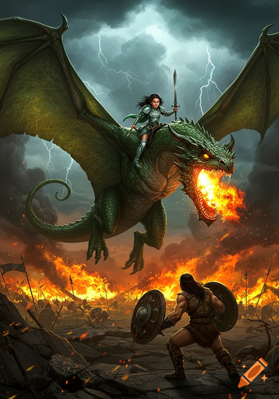 A girl rides a green, fire-breathing dragon over a burning battlefield, attacking a warrior with shields, against a stormy sky, in a high-fantasy style.