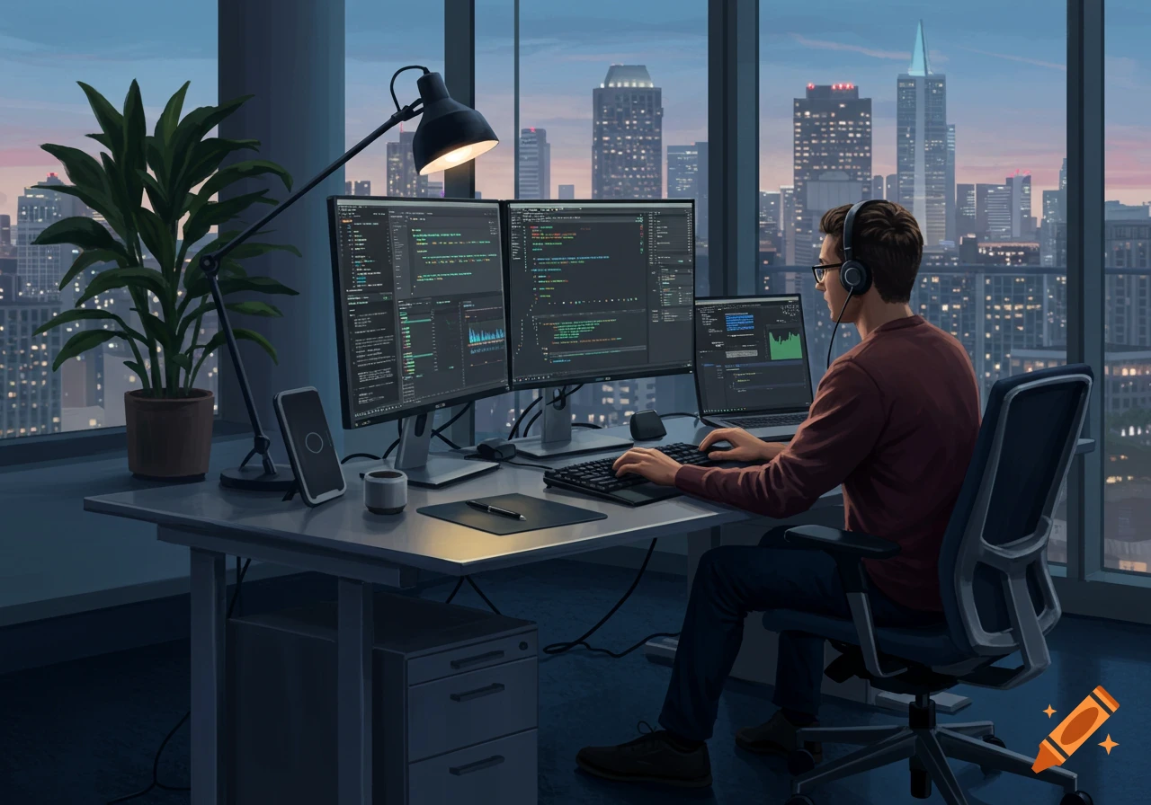 A software engineer with headphones on, working at a desk with multiple monitors displaying code, overlooking a city at dusk.