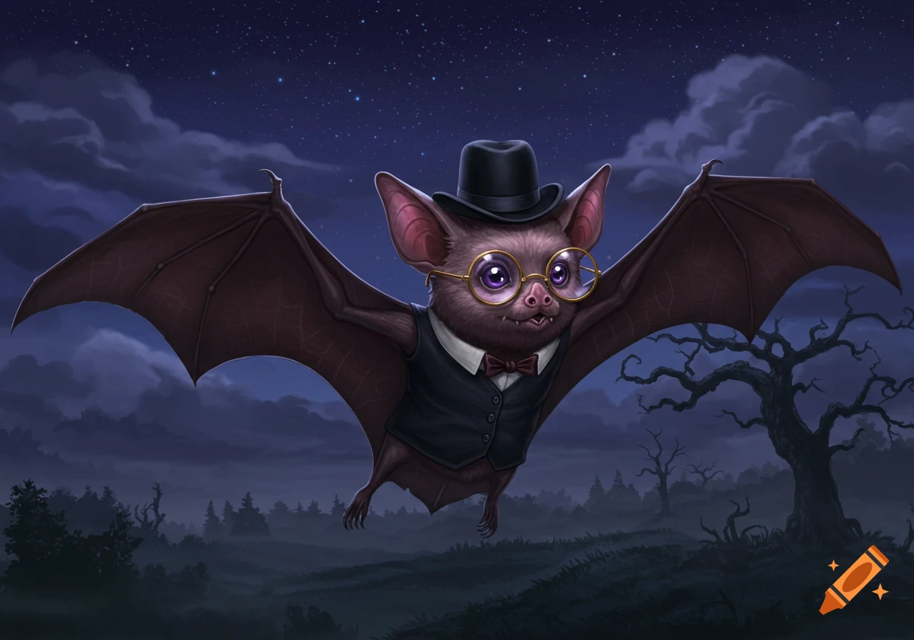 A cute, illustrated bat wearing a black derby hat, round purple glasses, vest, and bow tie flies at night over a spooky forest.