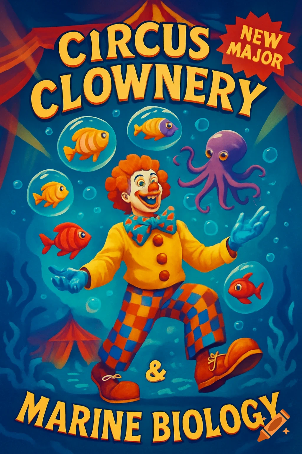 An illustrated college flyer for a 'Circus Clownery & Marine Biology' major, showing a clown underwater with fish and an octopus.