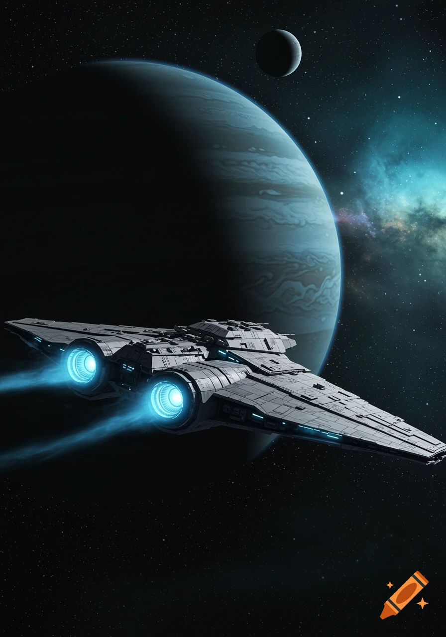 A sleek, gray spaceship with glowing blue engines flies through space, past a large gas giant planet and a smaller moon, with stars and a distant nebula in the background.