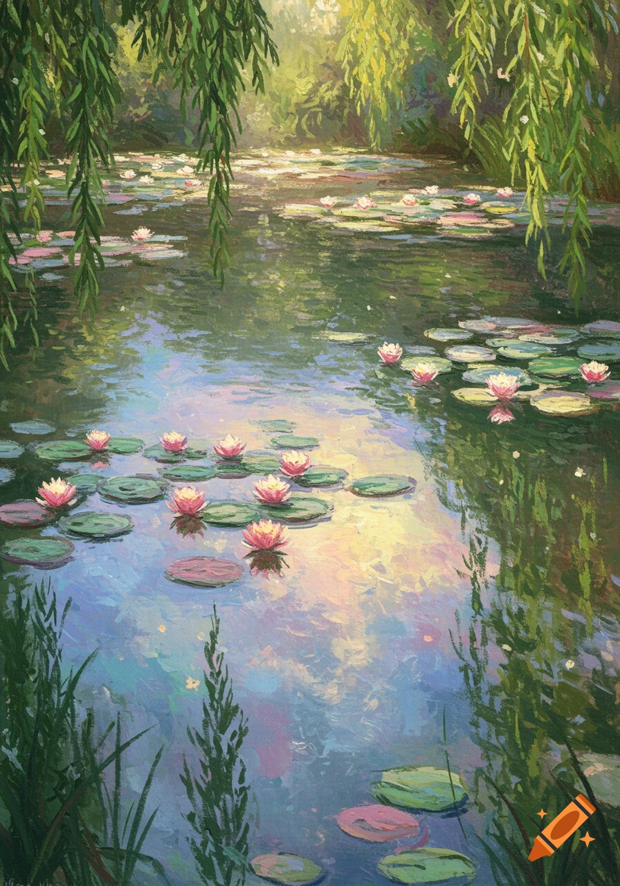 A serene impressionistic painting of a water lily pond with weeping willow branches overhead, reflecting sunlight.