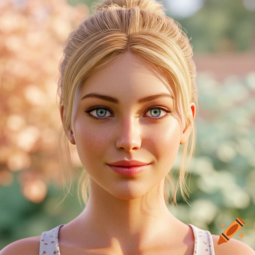 Photorealistic portrait of a young blonde woman with blue eyes, hair in a bun, smiling gently outdoors.