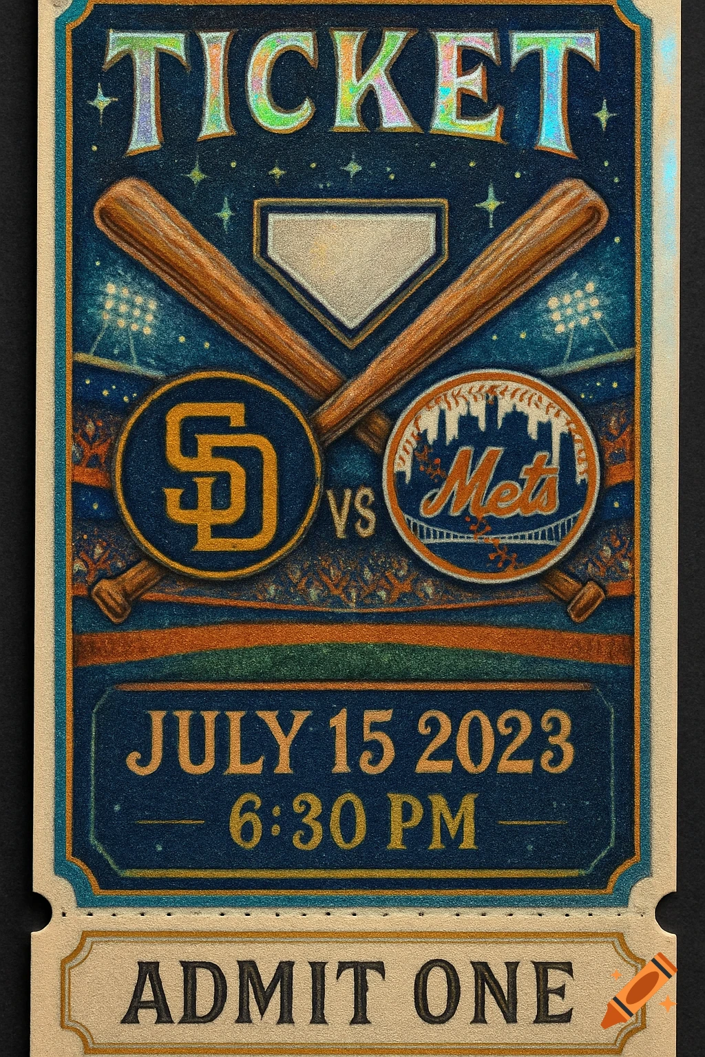 A vintage-style baseball game ticket for a Padres vs. Mets game, with bats, a home plate, and game details.