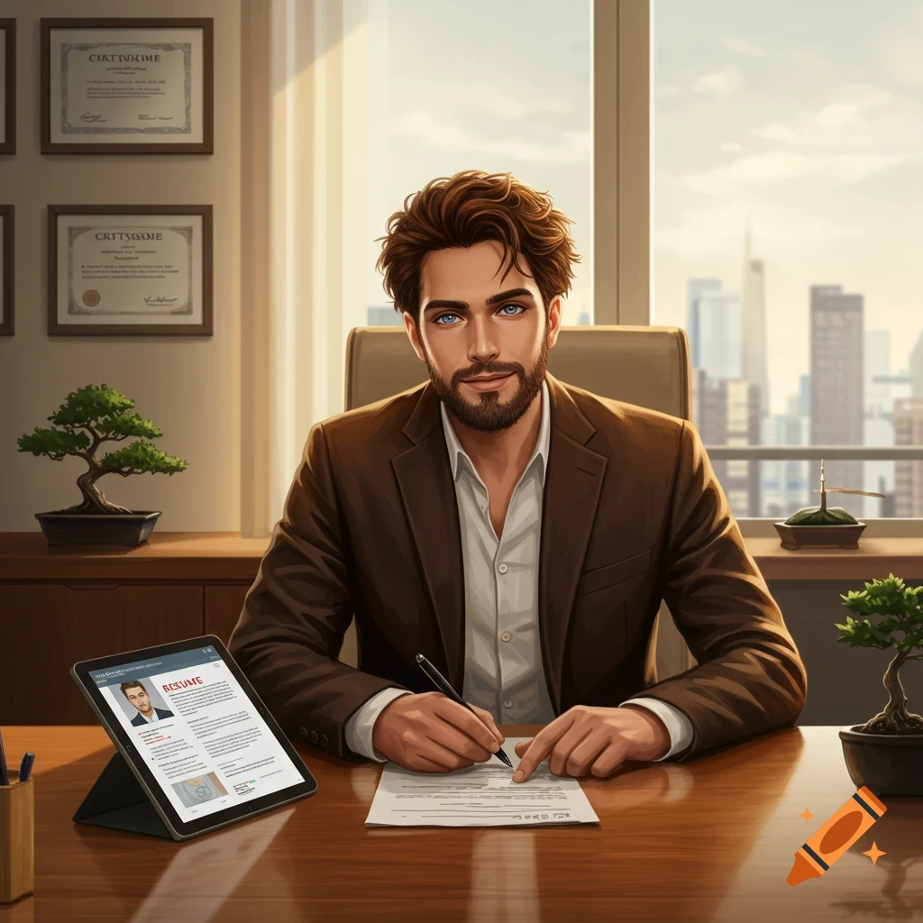 A man with brown hair and a beard sits at a desk in an office, signing a document. A tablet displays a resume.