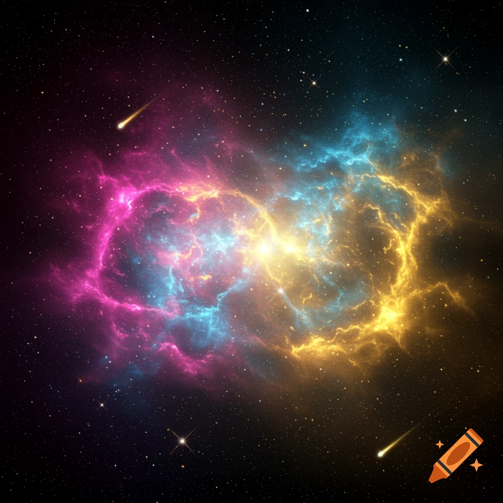 A vibrant nebula in deep space with bright pink, blue, and gold gas clouds, surrounded by countless stars and two shooting stars.