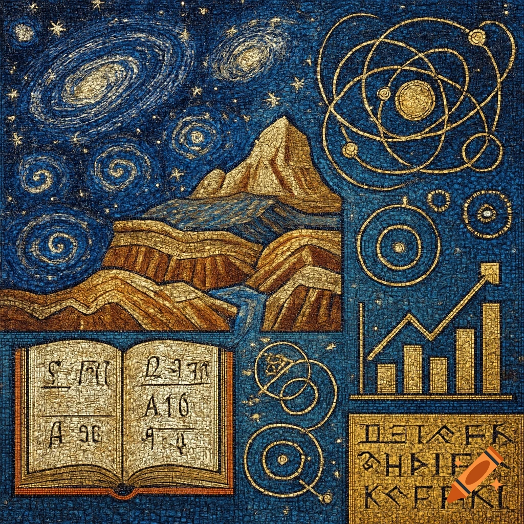 A blue and gold mosaic depicting various scientific concepts: a galaxy and stars, mountains and a river, atomic structures, an open book with symbols, and a bar graph with a line graph.