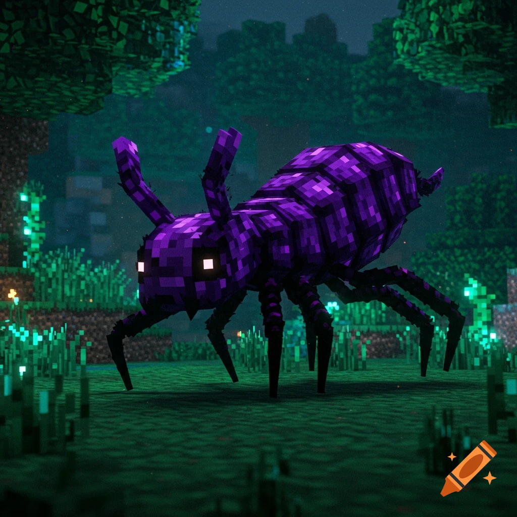 A large, blocky purple bug with glowing eyes stands on green pixelated grass in a dark Minecraft-style forest.