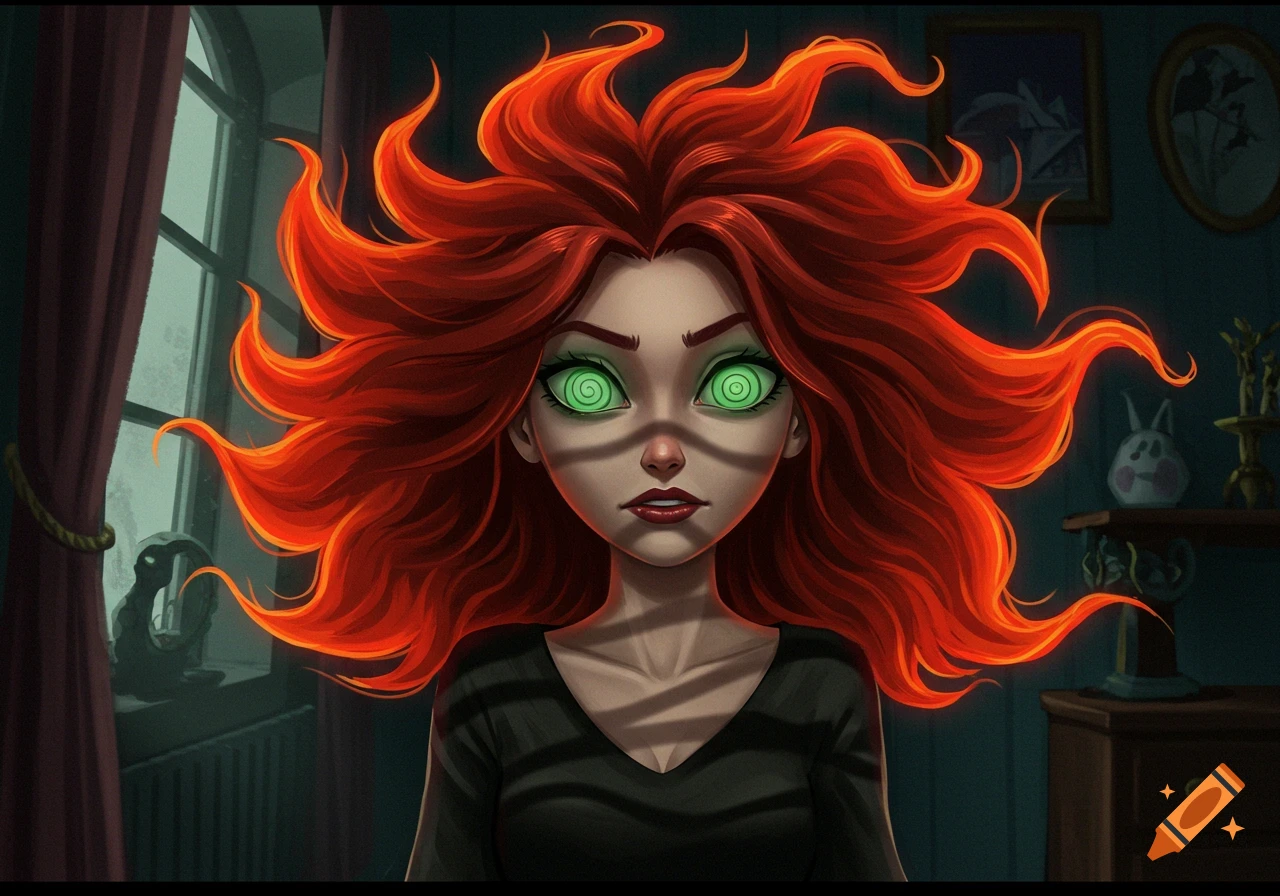 Cartoon portrait of a creepy woman with fiery red hair and spiraled green eyes, shadowy stripes across her face.