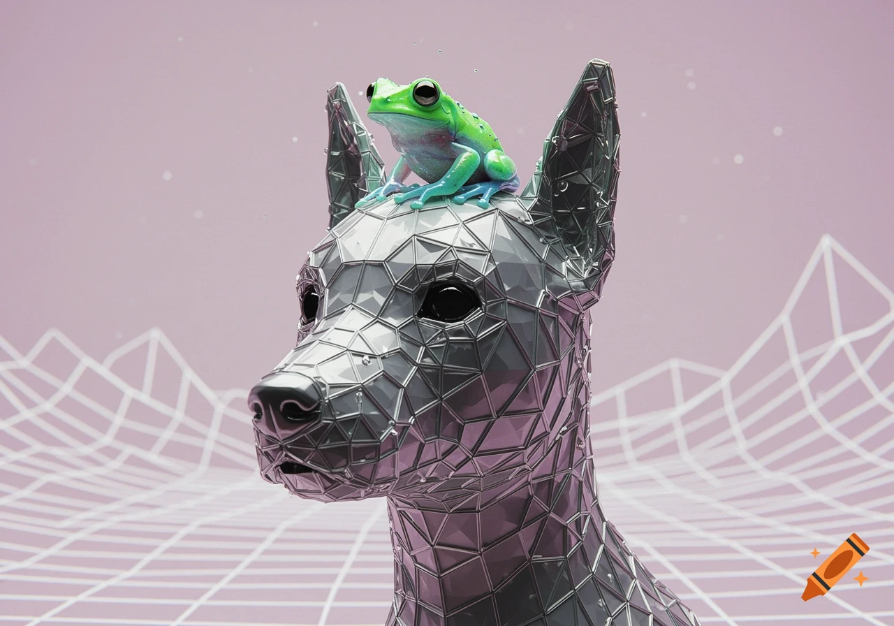 A geometric, metallic dog with a vibrant green frog on its head, set against a purple background with a white wireframe grid.