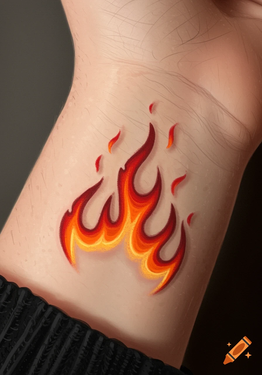A colorful, stylized fire tattoo on a person's wrist.