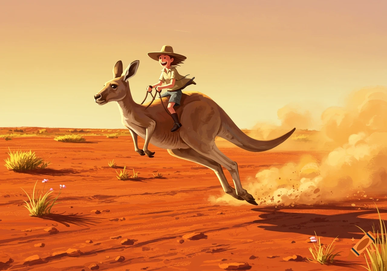 A smiling child wearing a hat rides a leaping kangaroo through a dusty, vibrant orange desert landscape.