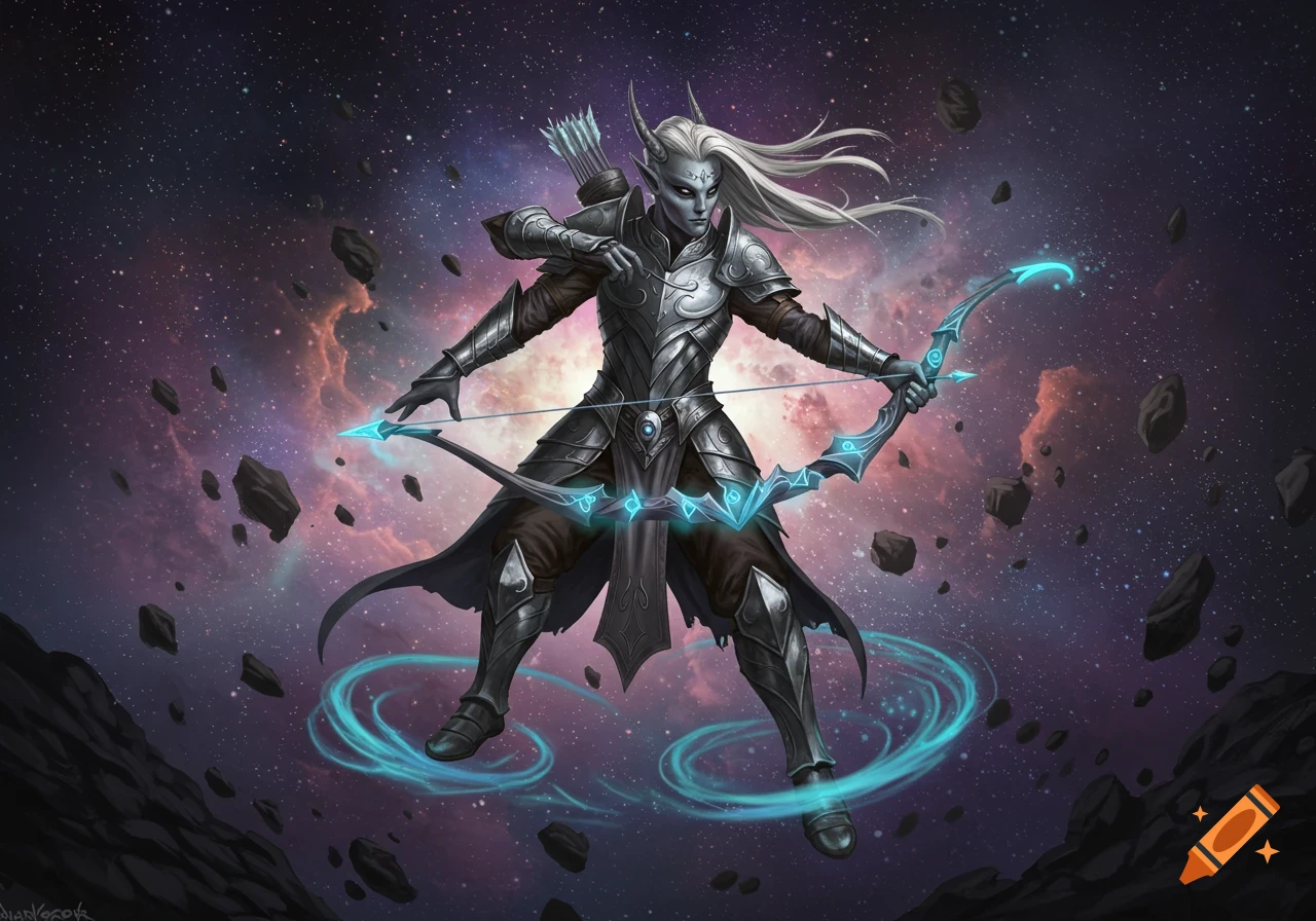 A fantasy archer character, an elf-like being with white hair and gray skin, in detailed armor with a glowing bow, floats in a starry cosmic background with asteroids.