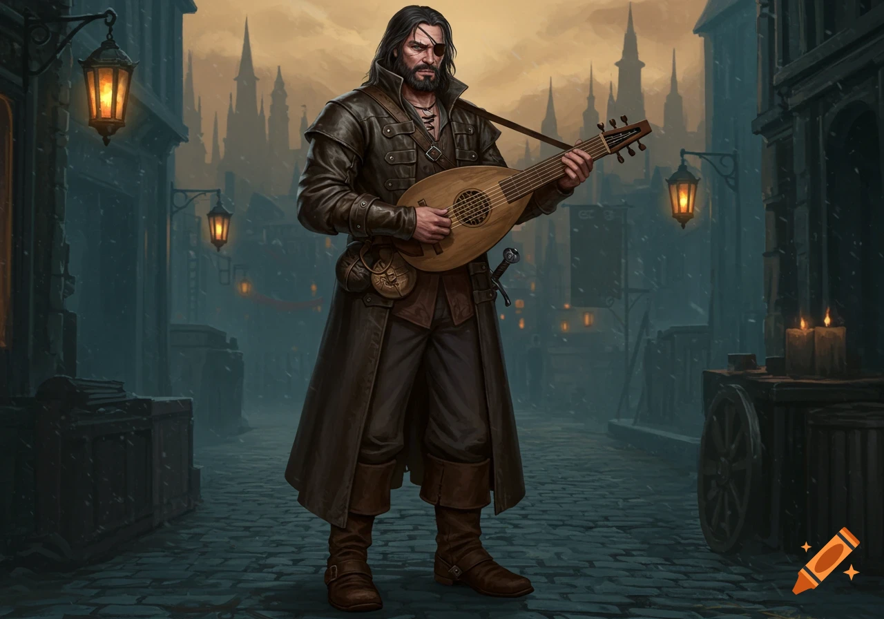 A man with an eye patch and beard, wearing a long leather coat, plays a lute on a cobblestone street in a dark fantasy city.
