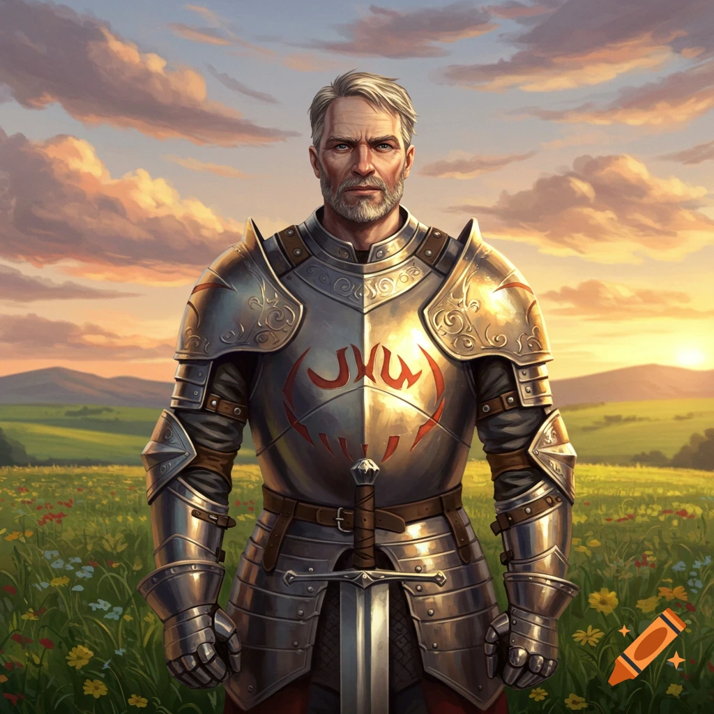 A stern male knight in shining armor with a red symbol on his chest stands in a field of flowers at sunset.