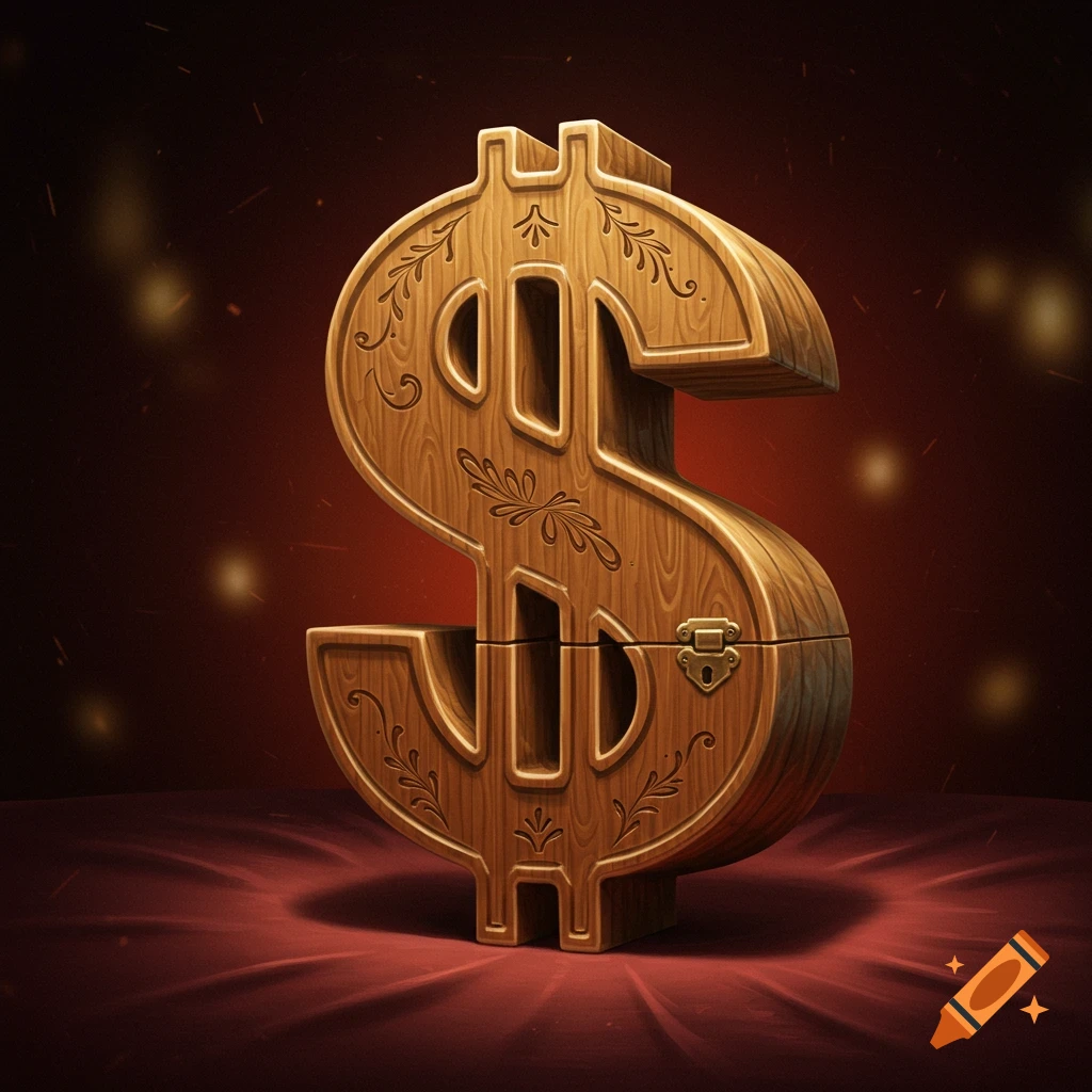 A wooden dollar sign shaped box with ornate carvings sits on a red cloth surface, illuminated by a warm glow.