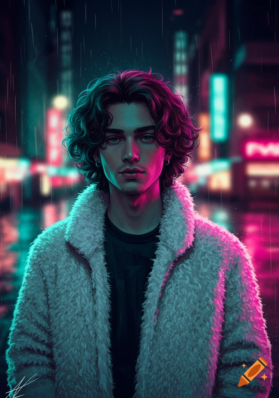 A stylized digital art portrait of a young man with curly dark hair and a white fluffy coat, illuminated by neon lights in a rainy cyberpunk city.