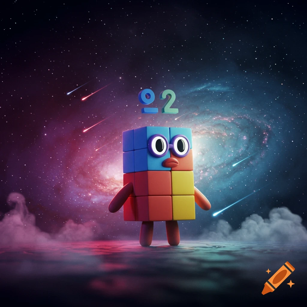 A colorful block character with eyes and a mouth stands on a reflective surface under a vibrant galaxy sky with meteors, with the numbers "02" above its head.