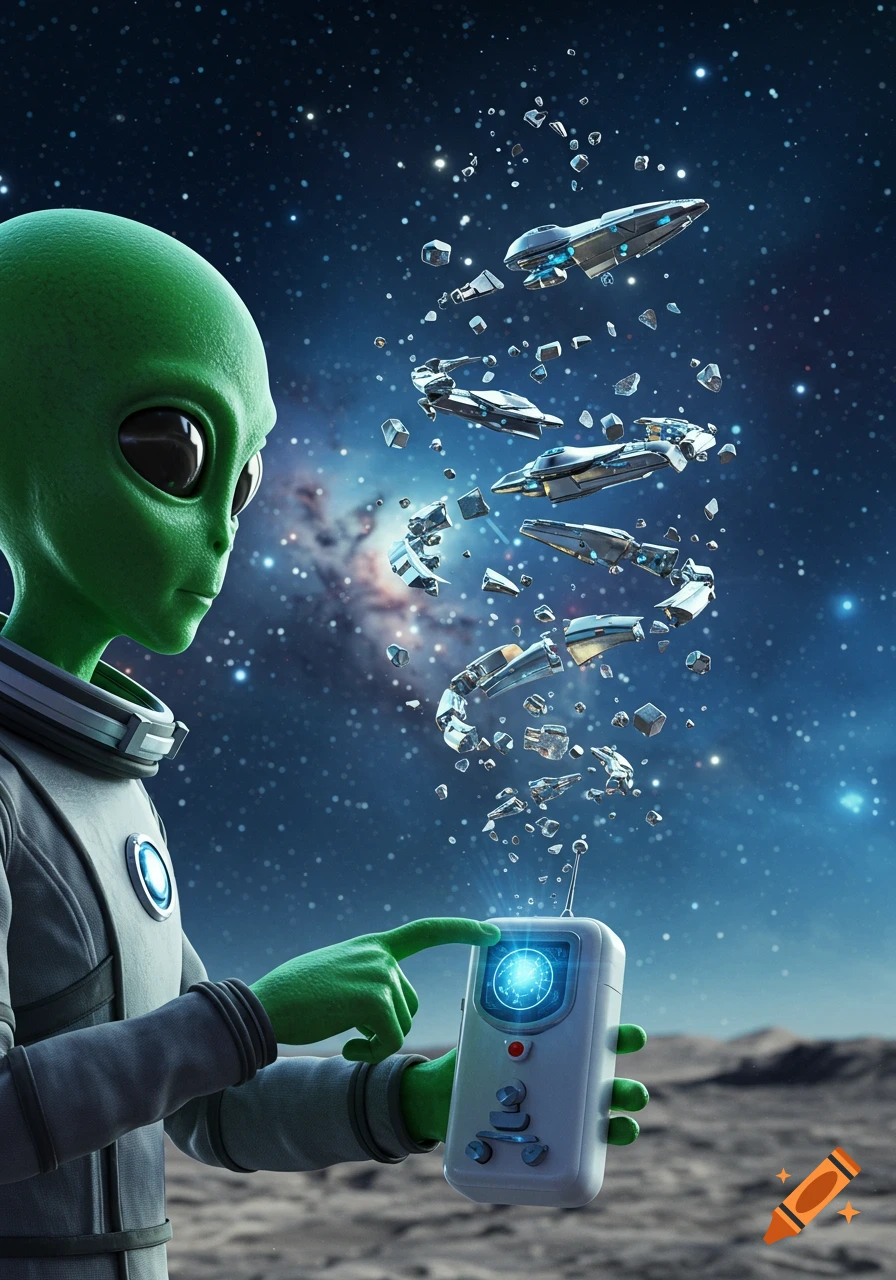 A green alien in a space suit stands on a rocky planet, using a device to assemble spaceship fragments in the starry night sky.