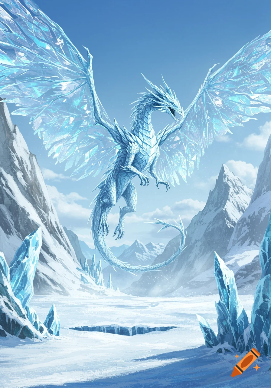 A majestic ice dragon with crystalline wings soars over a snowy mountain valley filled with blue ice formations, digital art.