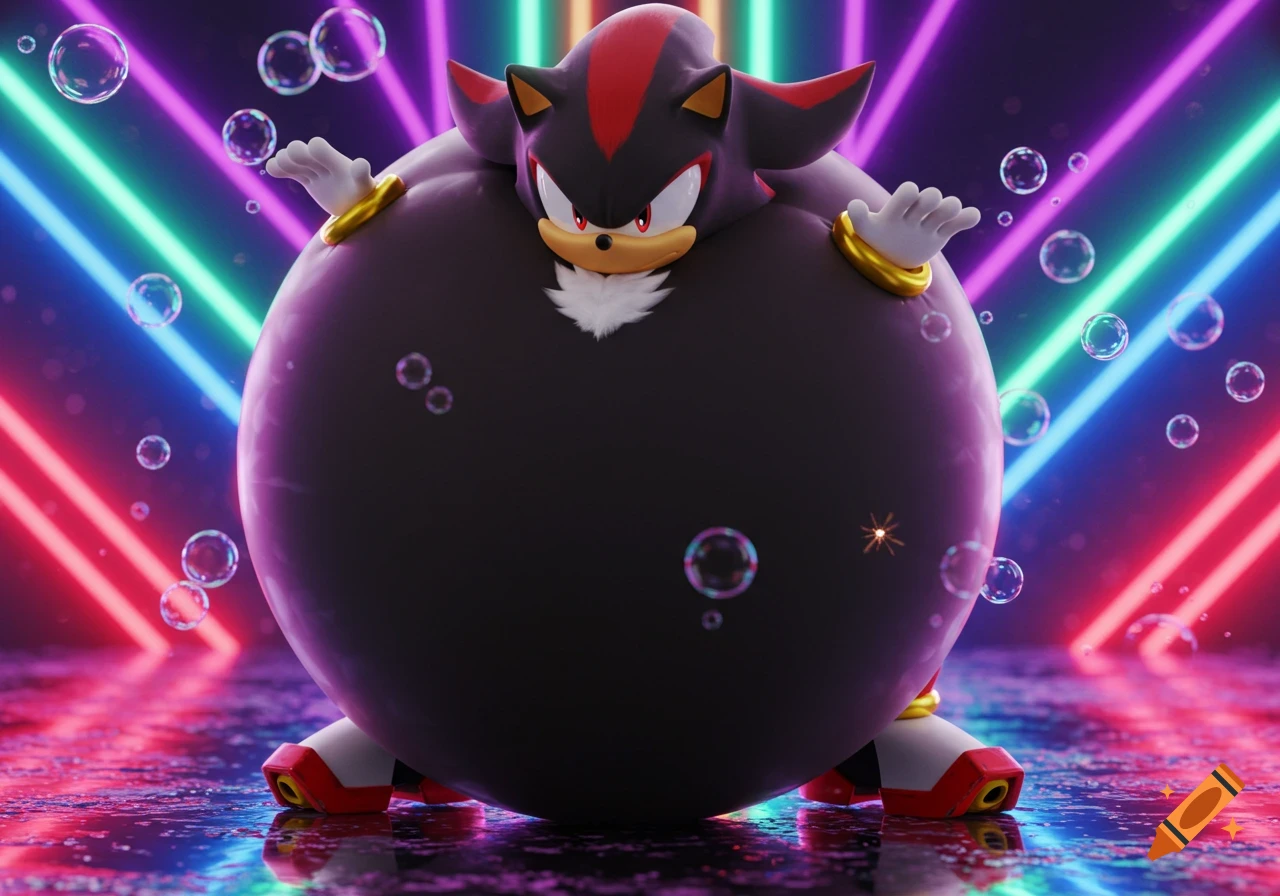 An overinflated, spherical Shadow the Hedgehog stands in a neon-lit room with reflective floors and bubbles floating around him.