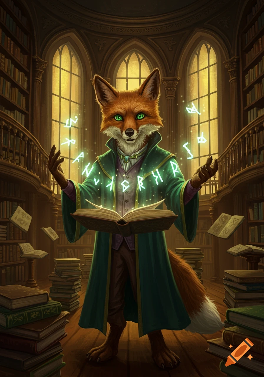 A vulpine humanoid wizard with piercing green eyes holds an open glowing book, casting magic runes in a grand library.