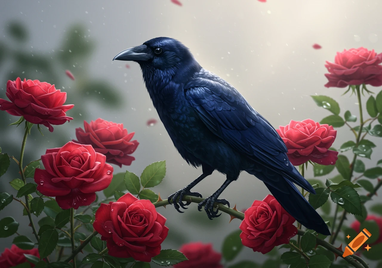 A photorealistic black crow perched on a thorny branch surrounded by vibrant red roses and green leaves.